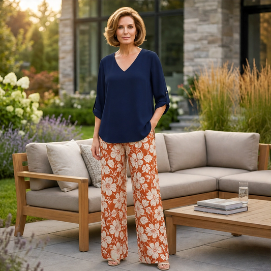 Marisola™ – Effortless V-Neck Blouse & Wide-Leg Palm-Print Pants Set + 50% OFF