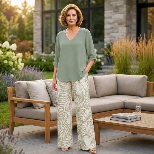 Marisola™ – Effortless V-Neck Blouse & Wide-Leg Palm-Print Pants Set + 50% OFF
