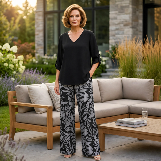 Marisola™ – Effortless V-Neck Blouse & Wide-Leg Palm-Print Pants Set + 50% OFF