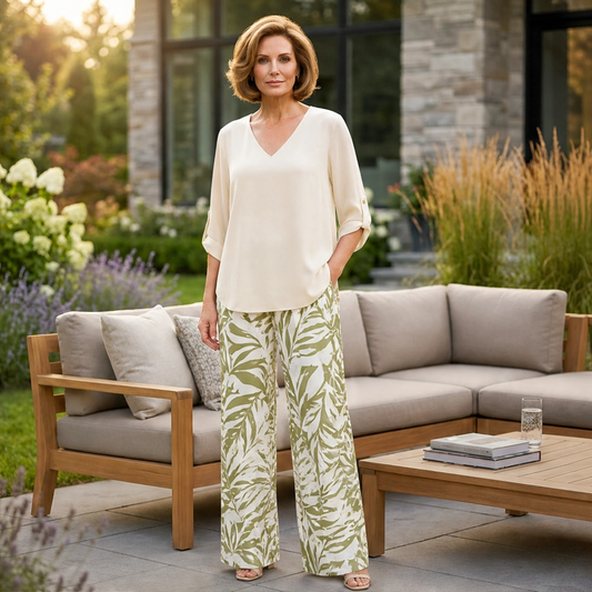 Marisola™ – Effortless V-Neck Blouse & Wide-Leg Palm-Print Pants Set + 50% OFF