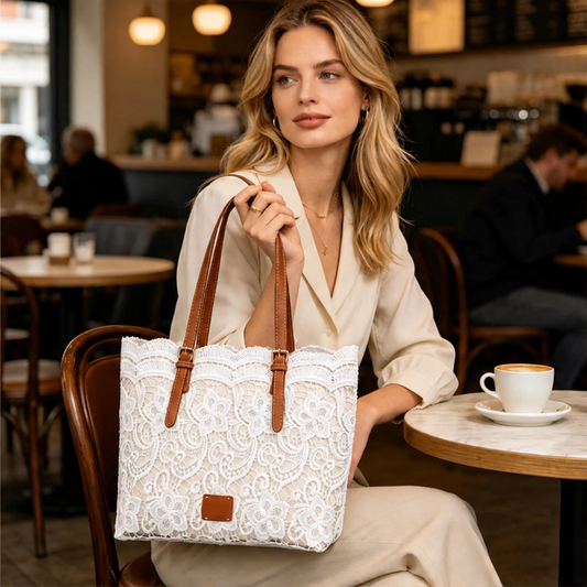 Lacewell™ – Vintage Lace Tote Bag with Leather Straps & Magnetic Snap + 50% OFF