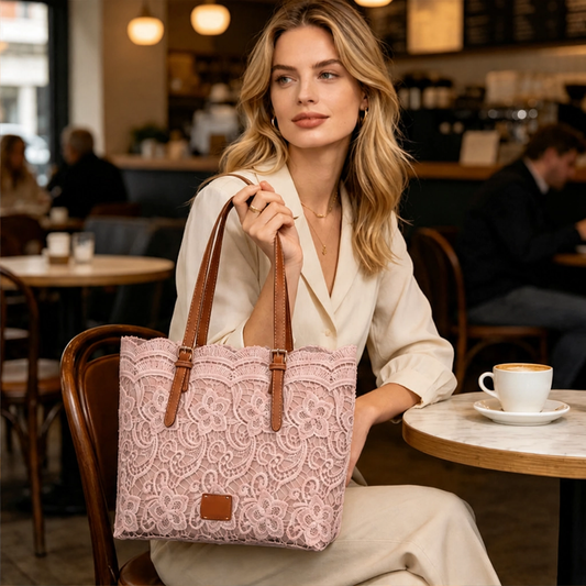 Lacewell™ – Vintage Lace Tote Bag with Leather Straps & Magnetic Snap + 50% OFF