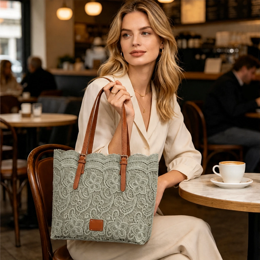 Lacewell™ – Vintage Lace Tote Bag with Leather Straps & Magnetic Snap + 50% OFF