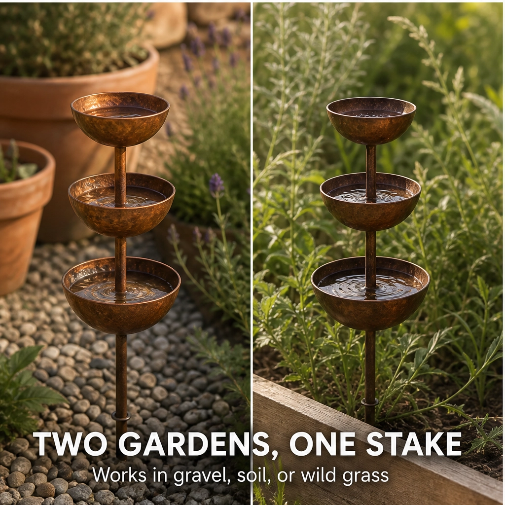 Coppervale™ – 3-Tier Cascading Rain Catcher & Birdbath Garden Stake + 50% OFF