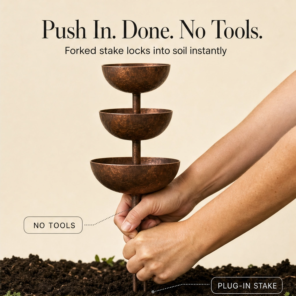 Coppervale™ – 3-Tier Cascading Rain Catcher & Birdbath Garden Stake + 50% OFF