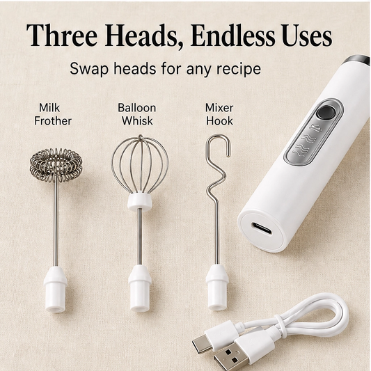 Frothwell – 3-in-1 Rechargeable Handheld Milk Frother with 3 Whisk Heads & 3 Speeds + 50% OFF