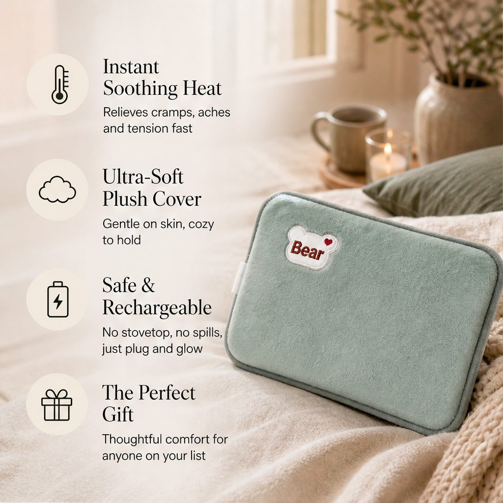 Hearthbloom – Rechargeable Plush Heat Pad, Explosion-Proof Hot Water Bottle + 50% OFF features