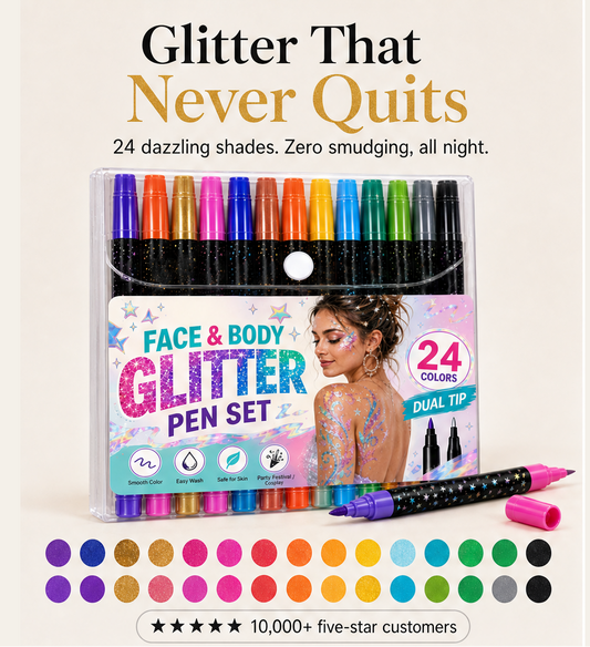 Starlit Muse – Dual-Tip Sweat-Resistant Face & Body Glitter Pen Set + 50% OFF features