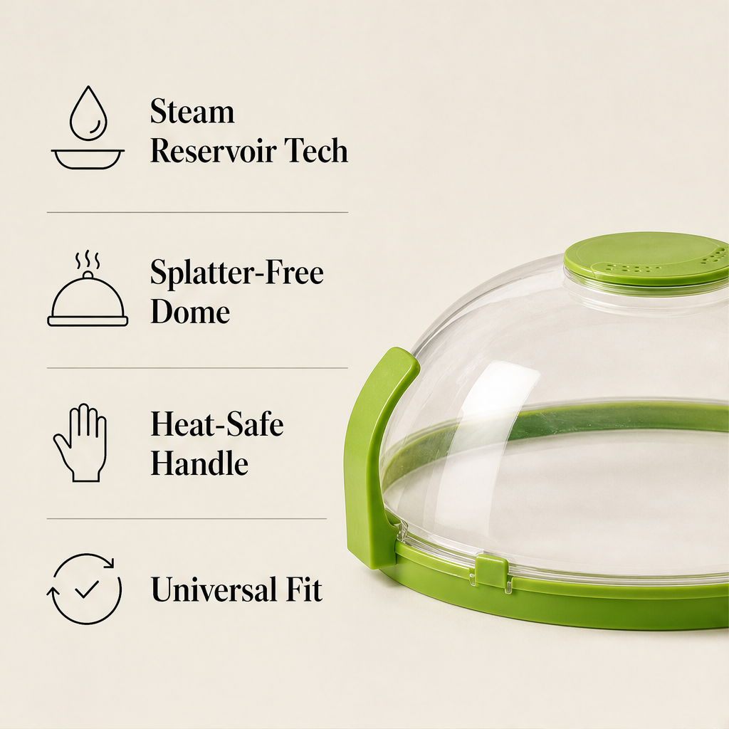 Domewick – Splash-Free Microwave Cover with Water Reservoir + 50% OFF features