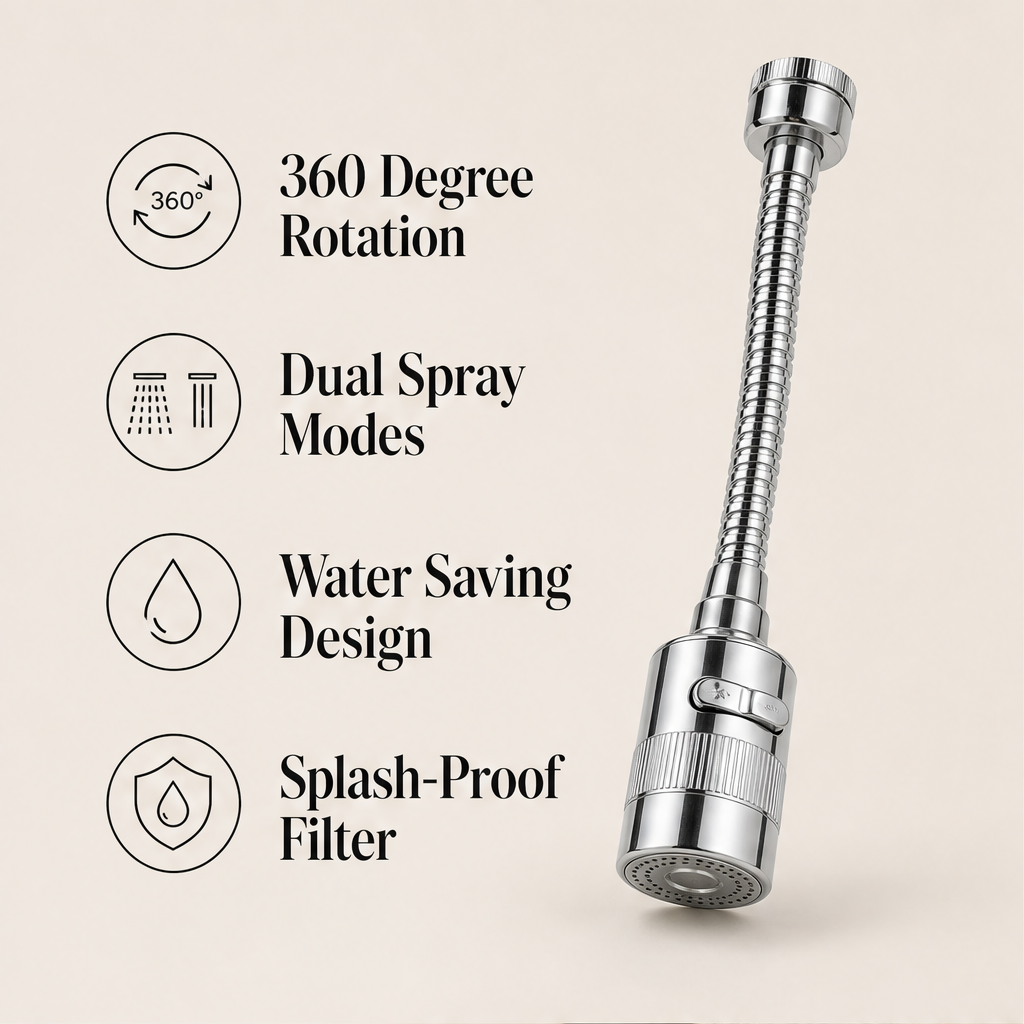 Flowarc – 720° Rotating Splash-Proof Pressure Boost Faucet Nozzle + 50% OFF features