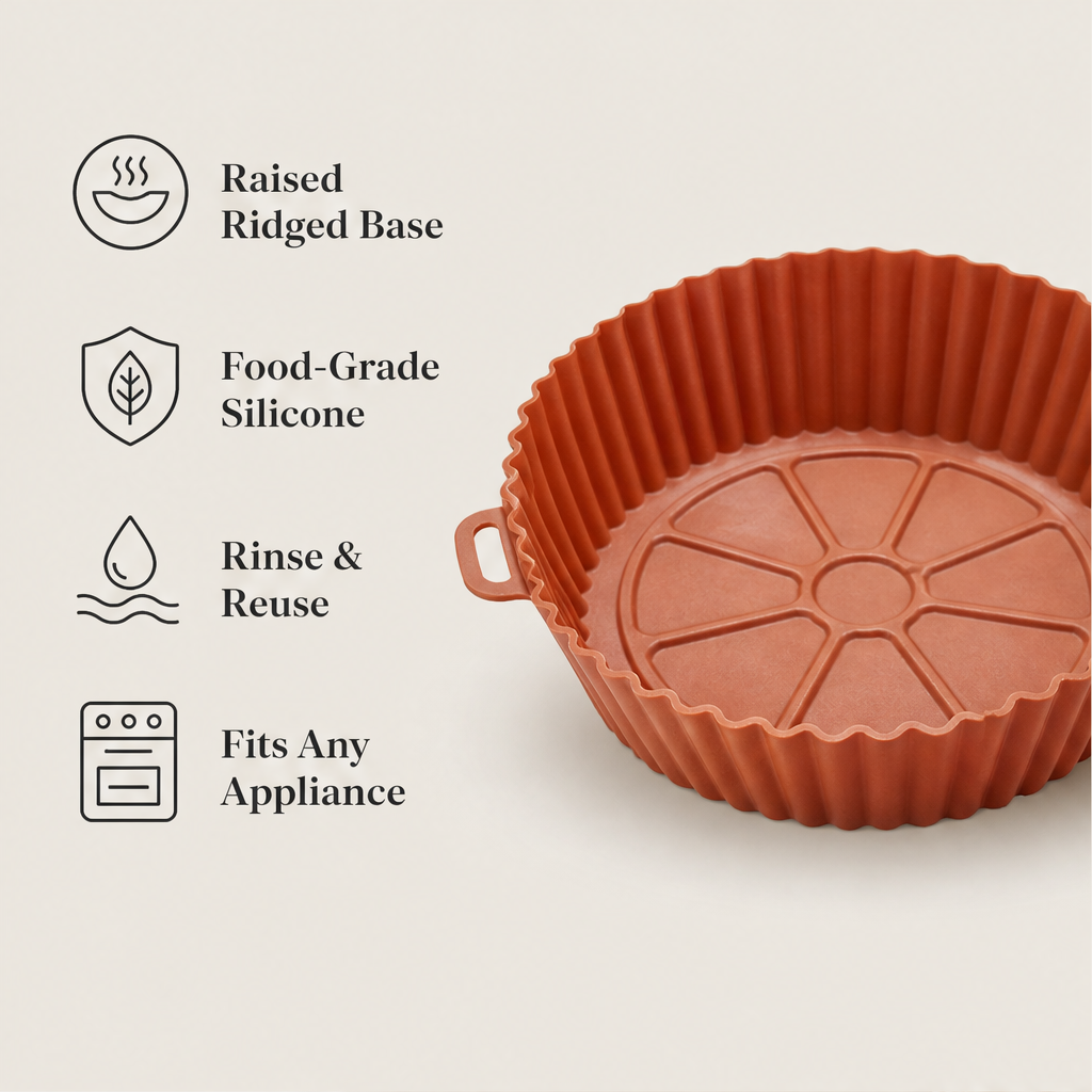 Crispwell – Non-Stick Ridged Base Reusable Silicone Air Fryer Liner + 50% OFF features