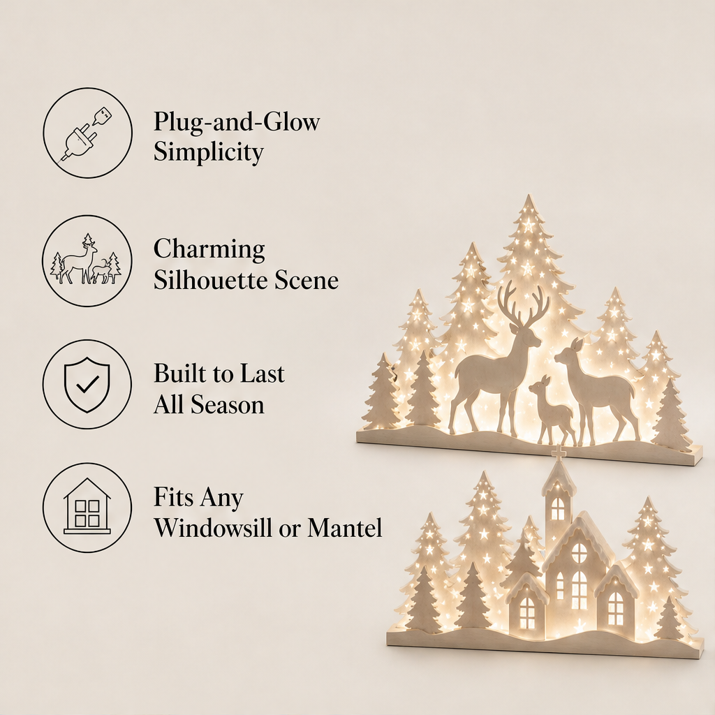 Glowmere – Light-Up Deer & Village Scene 2-Piece Window Decor + 50% OFF features