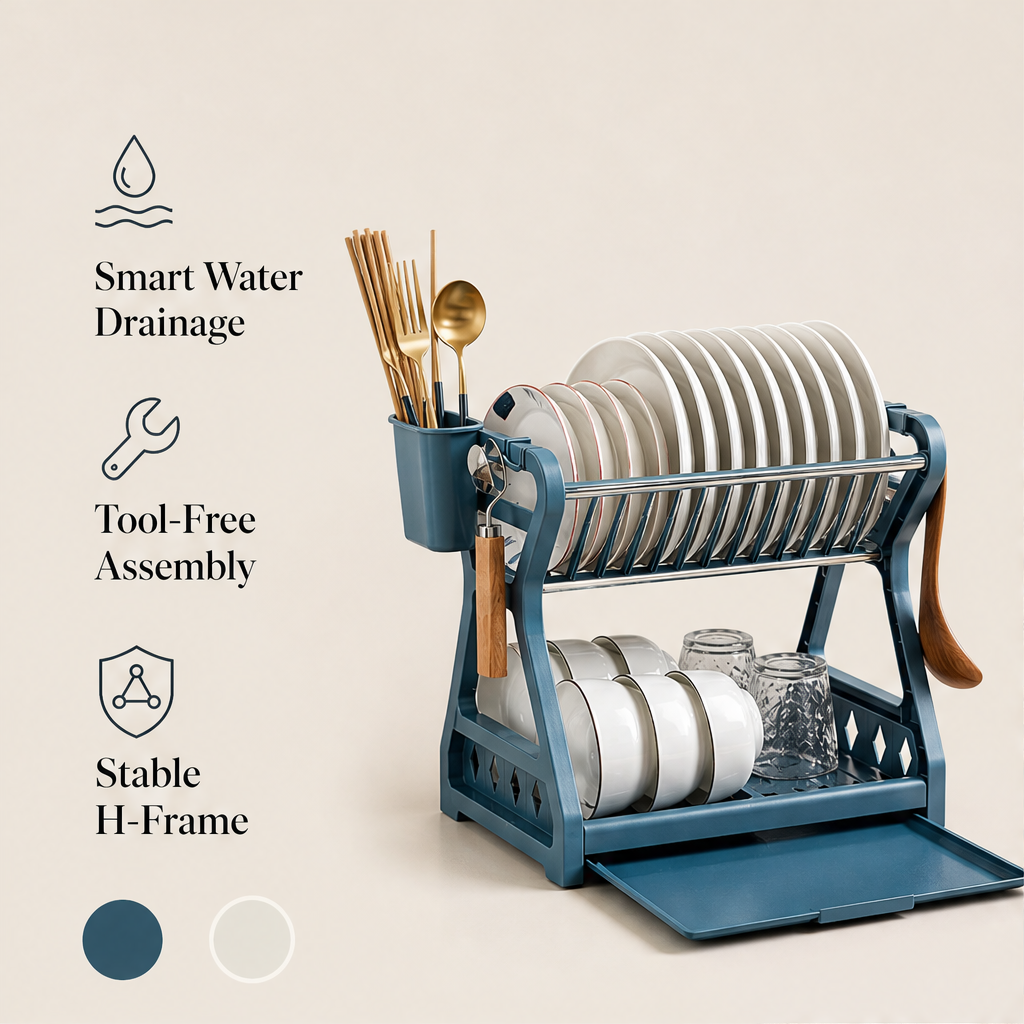 Draingrove – Two-Tier Steel Dish Rack with Pull-Out Drip Tray + 50% OFF features