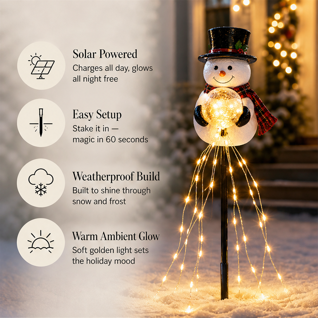 Frostholm – Solar Snowman Fountain LED Garden Light + 50% OFF features