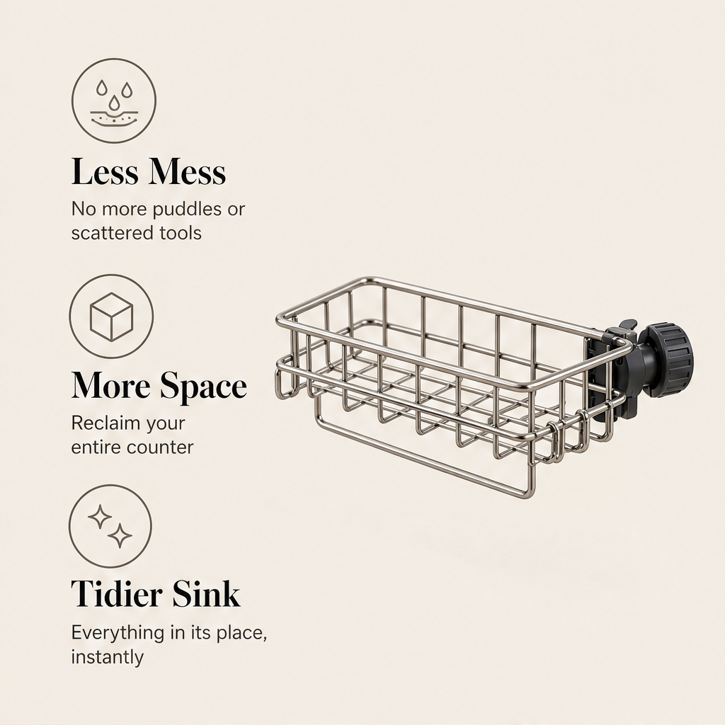 Draincroft – Clamp-On Faucet Mount Stainless Sink Organiser + 50% OFF features