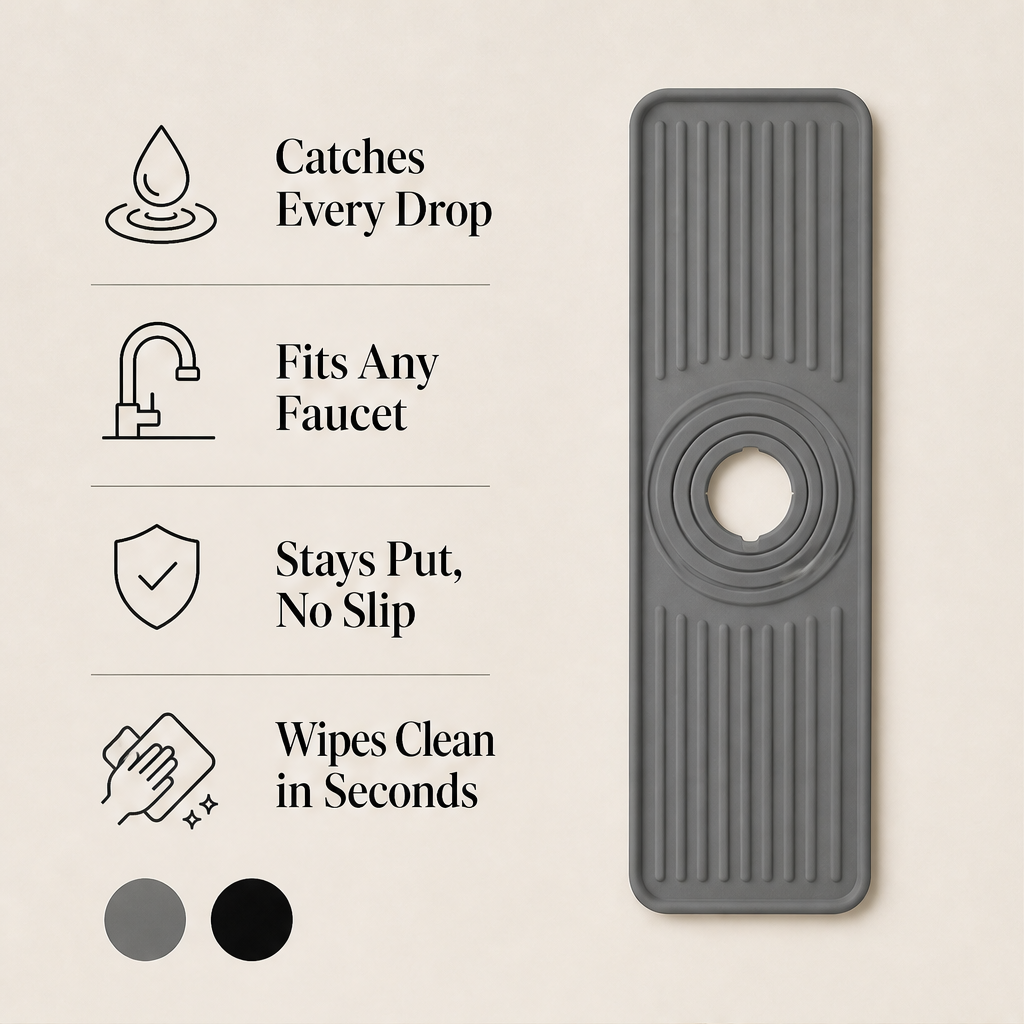 Driptrace – Trim-to-Fit Silicone Faucet Splash Guard + 50% OFF features