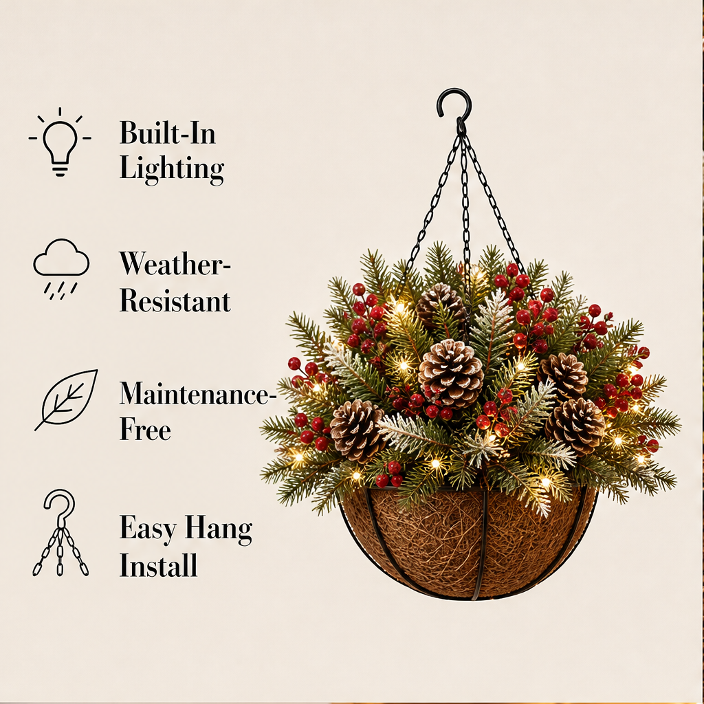 Boughlume – Pre-Lit Weatherproof Hanging Christmas Basket + 50% OFF features