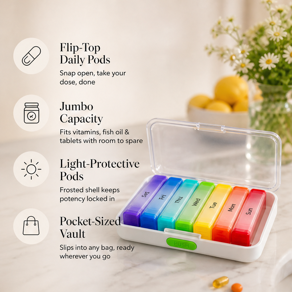 DoseVault – Detachable 7-Day Pods, Color Coded Pill Organizer + 50% OFF features