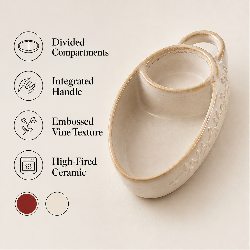 Olivara – Divided Ceramic Dip Bowl with Handle + 50% OFF features