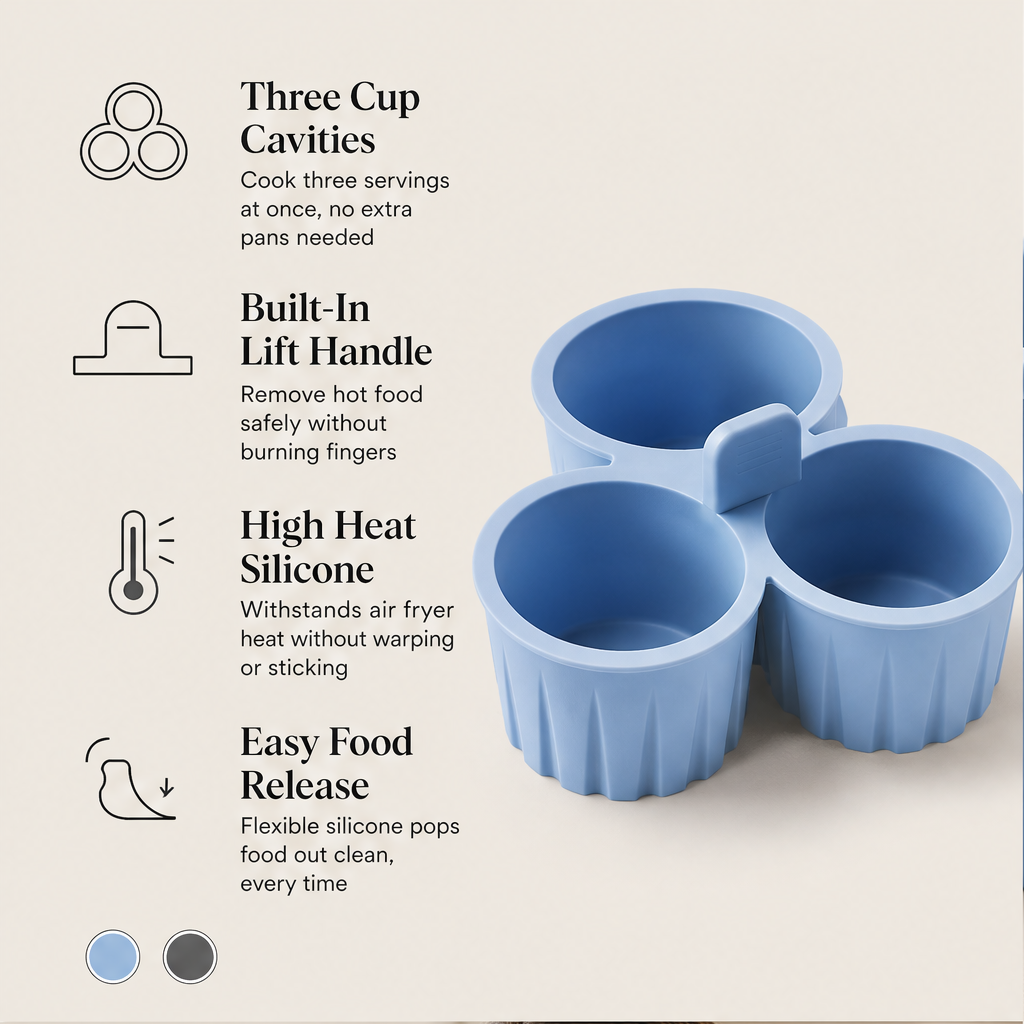 Crestmold – Non-Stick 3-Cup Silicone Air Fryer Baking Tray + 50% OFF features
