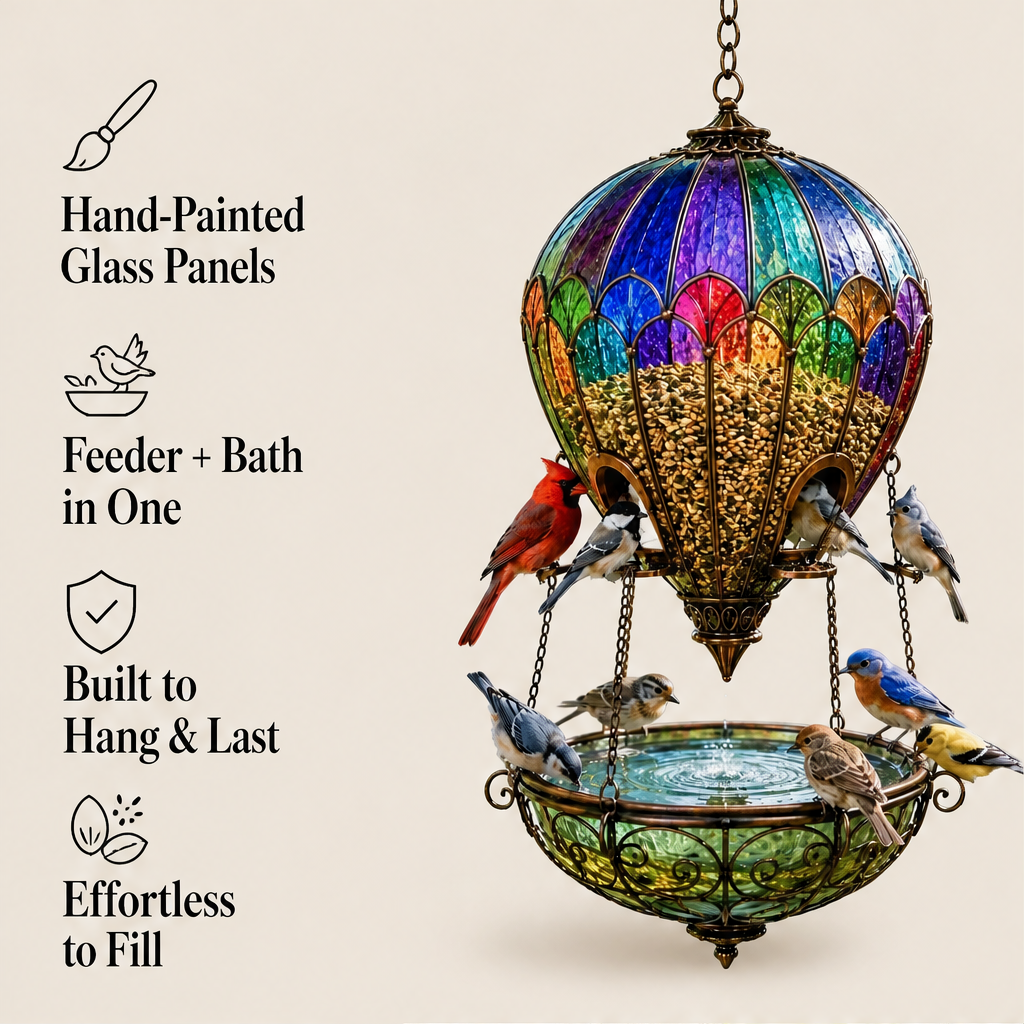 Skyglass Haven – Stained Glass Hot Air Balloon Bird Feeder & Bath + 50% OFF features