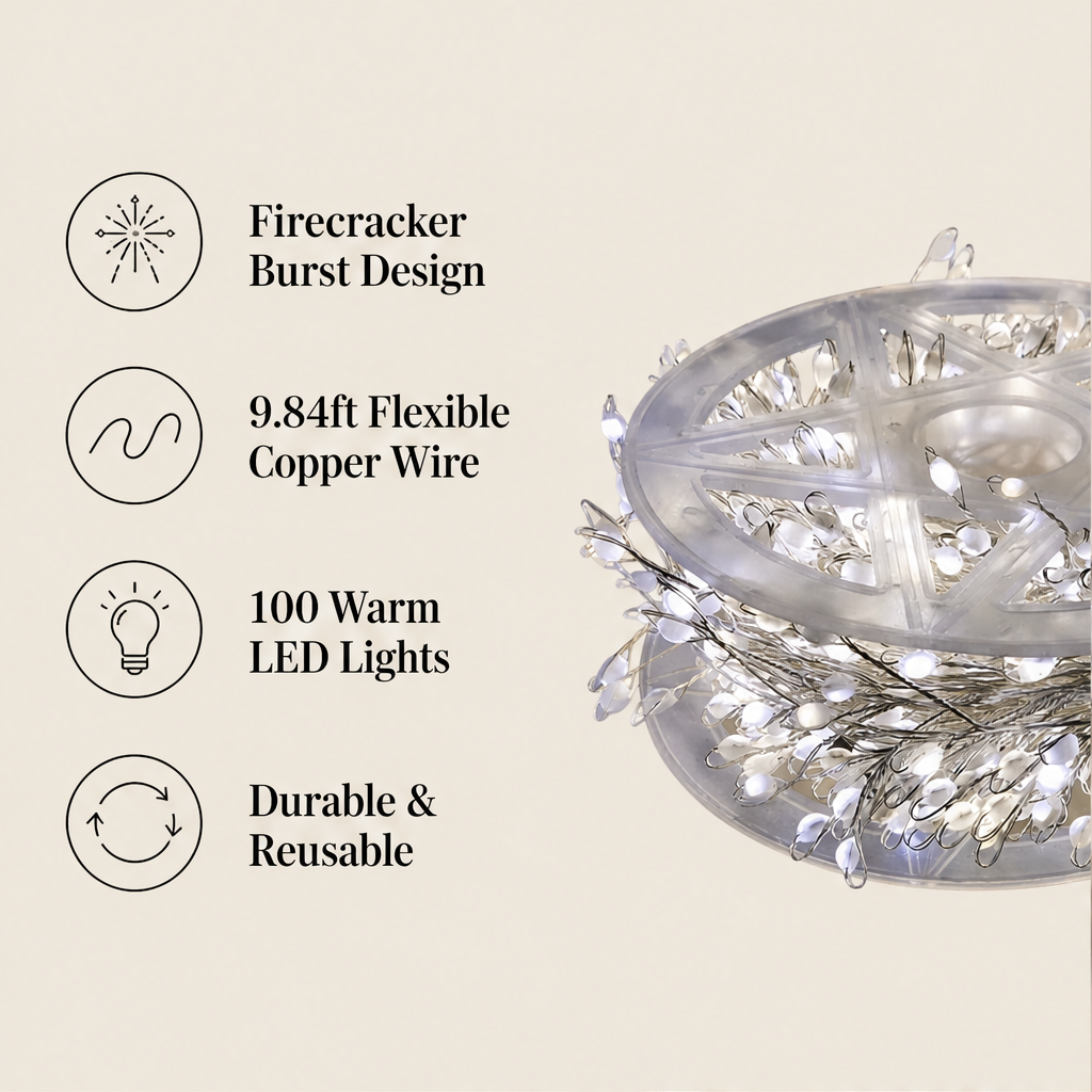 Starburst Alcove – Firecracker Cluster Copper Wire LED String Lights + 50% OFF features