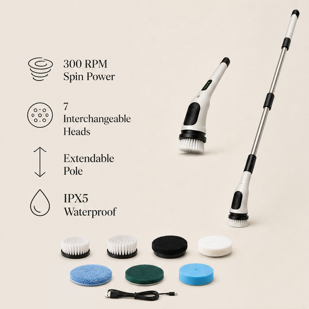 SpinCrest – 7-Head Electric Spin Brush with Extendable Pole, IPX5 + 50% OFF features