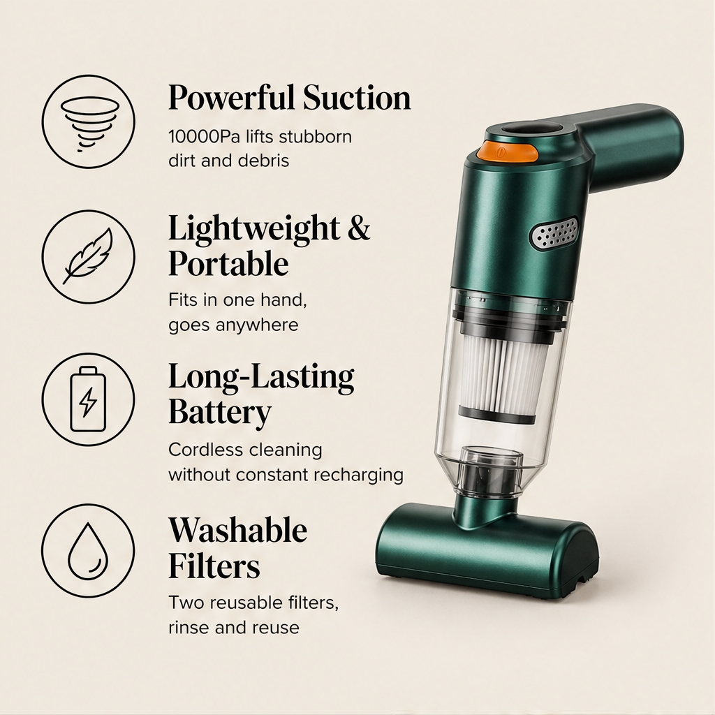 Dustholm – 10000Pa Cordless Handheld Vacuum with Washable Filter + 50% OFF features