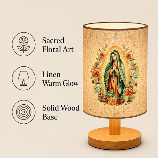 Sacrelume – Virgin Mary Linen Shade Wooden Table Lamp + 50% OFF features