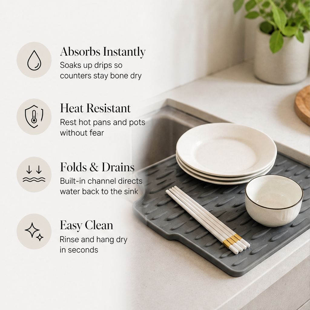 Rainfold – Heat-Resistant Silicone Drying Mat with Built-In Drain Channel + 1+1 FREE features