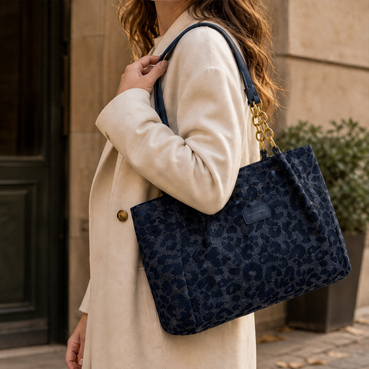 Ferravelle – Jacquard Leopard Print Tote Bag with Chain Straps + 50% OFF Navy
