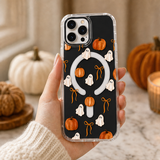 Ghostwick – Silk-Print Ghost & Pumpkin MagSafe Clear Phone Case + 50% OFF Black