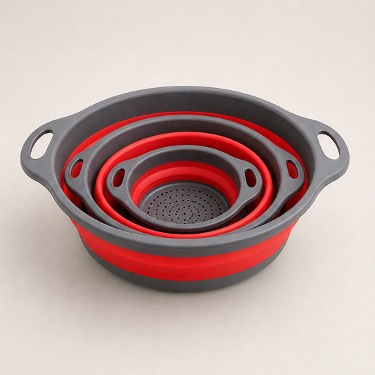 Foldwell – 3-Piece Collapsible Colander Set with Draining Base + 50% OFF Red