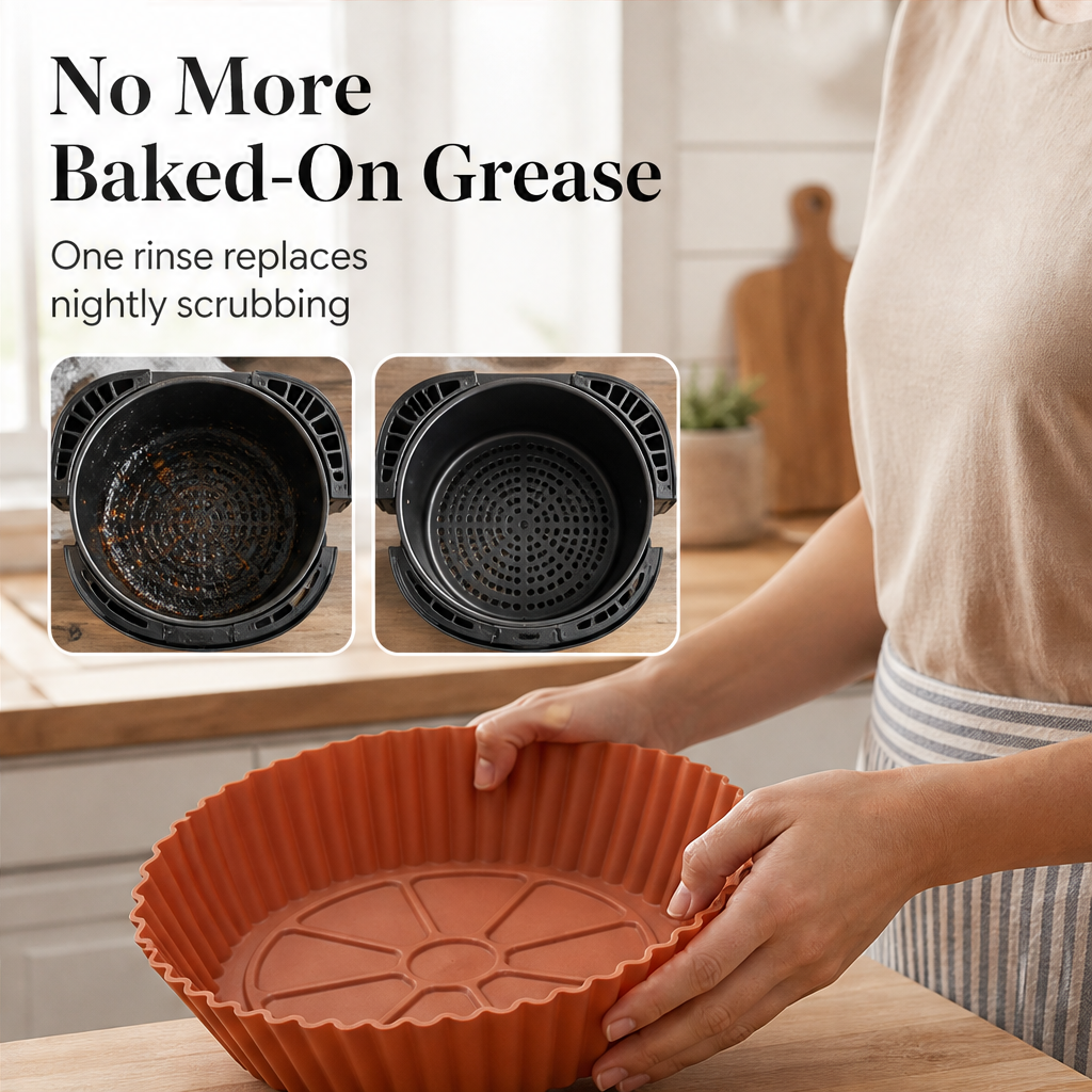 Crispwell – Non-Stick Ridged Base Reusable Silicone Air Fryer Liner + 50% OFF features