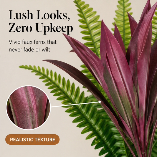 Fernlea Grove – UV-Resistant Fern & Red Dracaena Artificial Plant Set + 50% OFF features