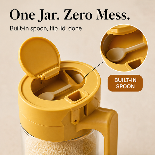 Spicenook – Built-In Spoon, Flip Lid, Mess-Free Glass Spice Jar + 50% OFF features