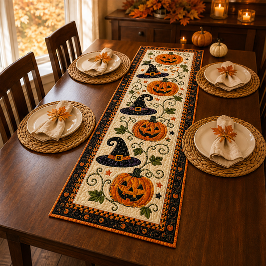 Harvestwick – Quilted Pumpkin & Witch Hat Autumn Table Runner + 50% OFF lifestyle