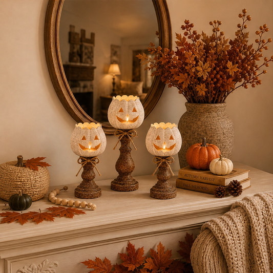 Hallowick – Rustic Linen Pumpkin Tealight Holder Set + 50% OFF lifestyle