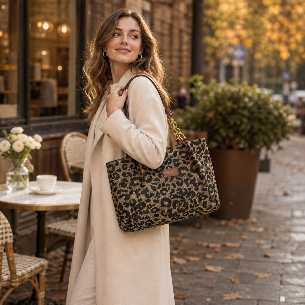 Ferravelle – Jacquard Leopard Print Tote Bag with Chain Straps + 50% OFF lifestyle