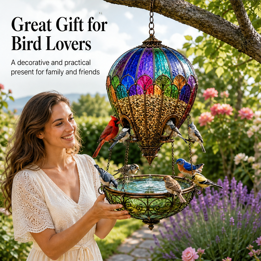 Skyglass Haven – Stained Glass Hot Air Balloon Bird Feeder & Bath + 50% OFF features