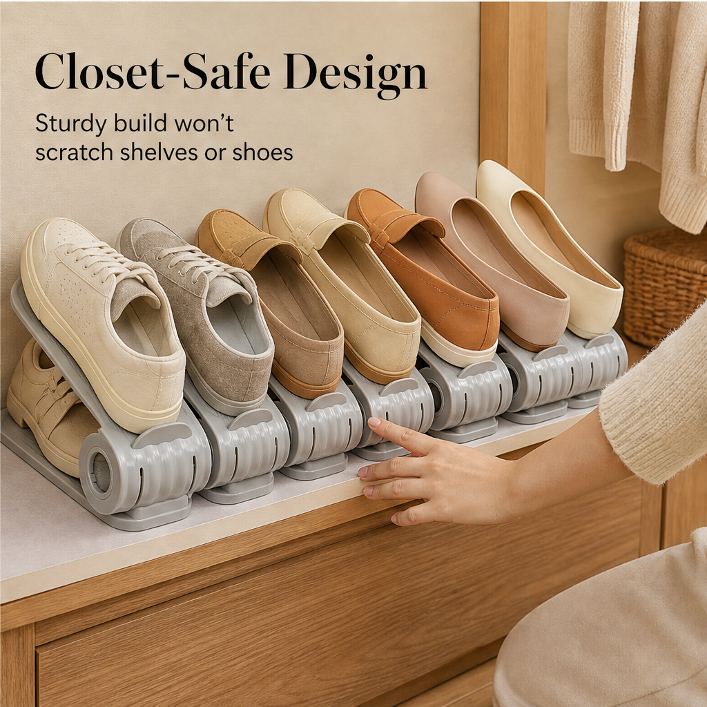 StackNest – Space-Saving Adjustable Double-Layer Shoe Rack + 50% OFF features