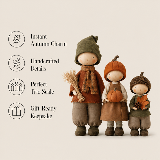 Hearthmere – Rustic Fall Harvest Doll Figurines, Set of 3 + 50% OFF features