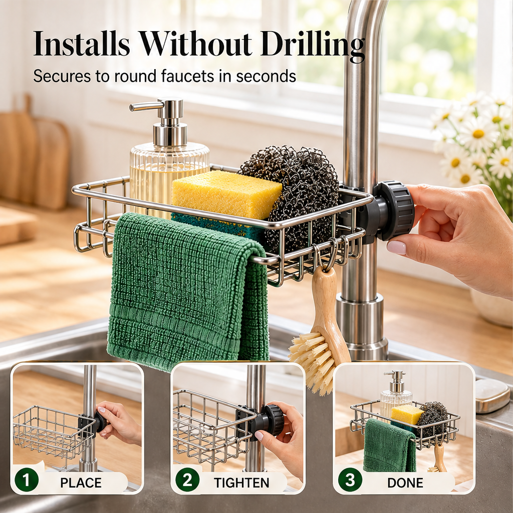 Draincroft – Clamp-On Faucet Mount Stainless Sink Organiser + 50% OFF features