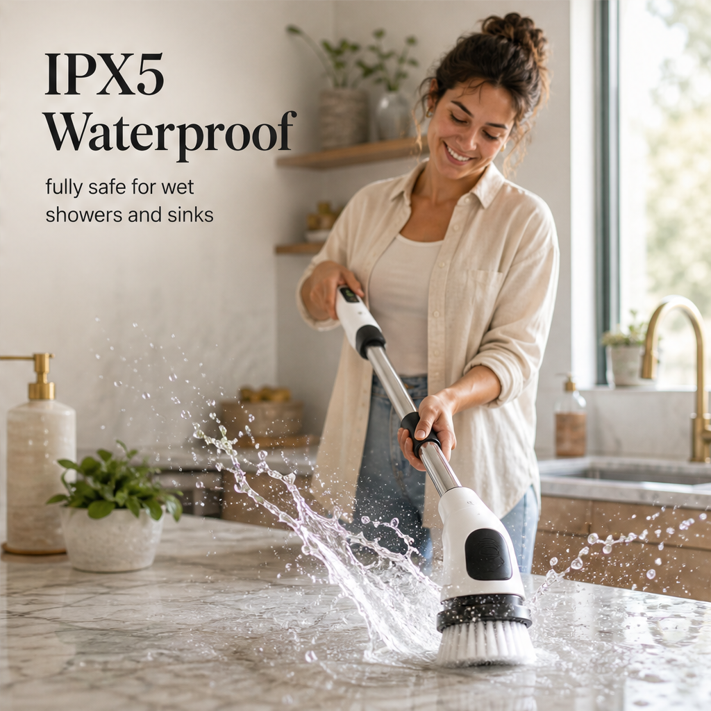 SpinCrest – 7-Head Electric Spin Brush with Extendable Pole, IPX5 + 50% OFF features