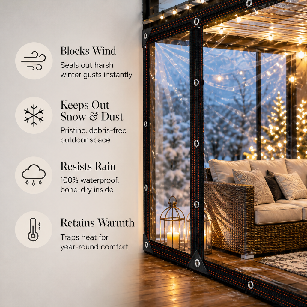 Hearthguard – Clear Waterproof Windproof Outdoor Patio Tarp + 50% OFF features