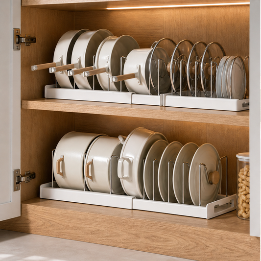 RackWell – 7-Compartment Adjustable Pot Lid & Cookware Organiser + 50% OFF lifestyle