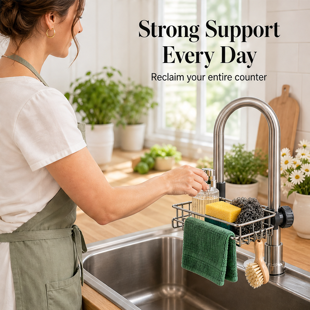Draincroft – Clamp-On Faucet Mount Stainless Sink Organiser + 50% OFF features