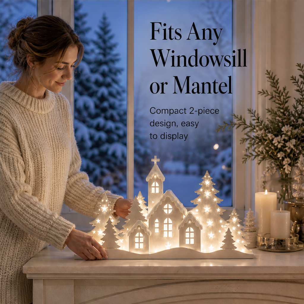 Glowmere – Light-Up Deer & Village Scene 2-Piece Window Decor + 50% OFF features