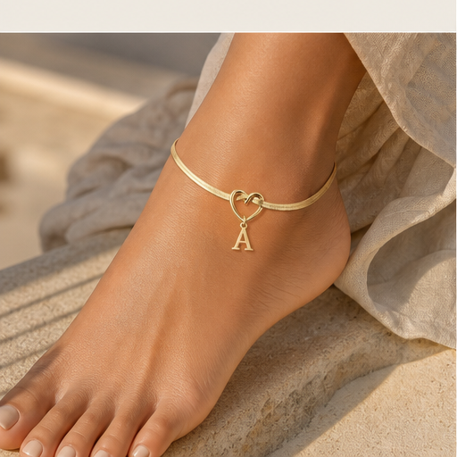 Heartlace – Personalized Initial Heart-Link Snake Chain Anklet features
