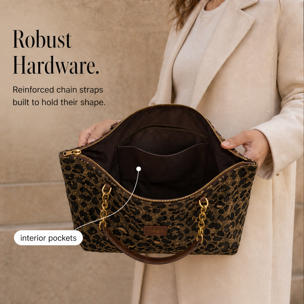 Ferravelle – Jacquard Leopard Print Tote Bag with Chain Straps + 50% OFF features